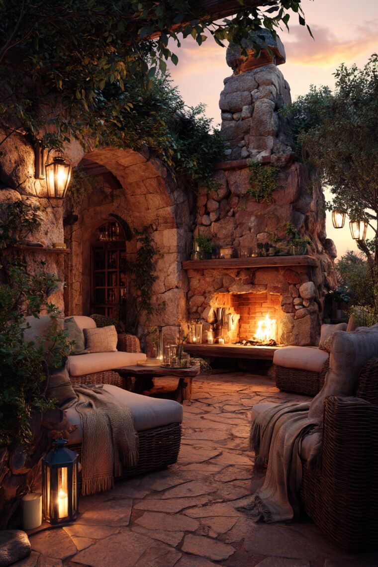 Rustic stone patio fireplace surrounded by wicker armchairs and glowing lanterns under a sunset sky