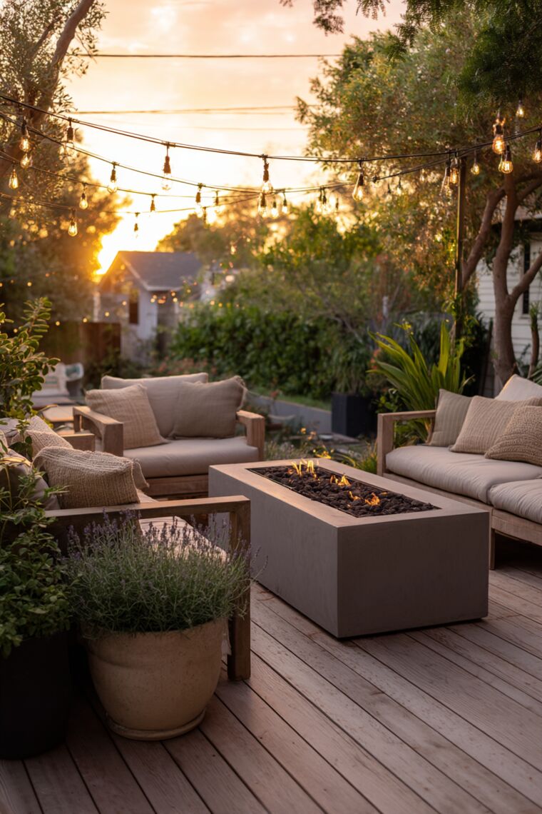 Backyard deck with concrete fire pit table, neutral sofas, lavender pots and string lights at sunset