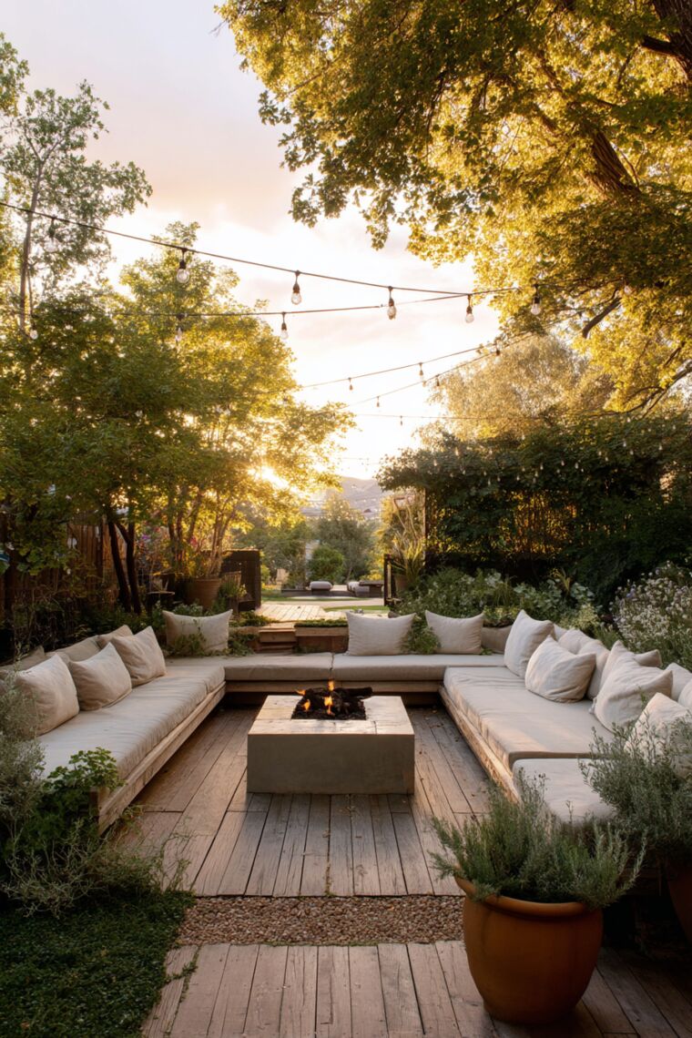 Sunken backyard lounge with white cushioned benches encircling a concrete fire pit under string lights