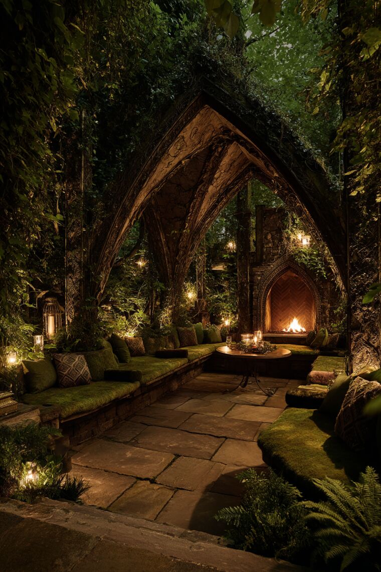 Candlelit garden pavilion with gothic arches, moss-covered benches and a glowing herringbone brick fireplace