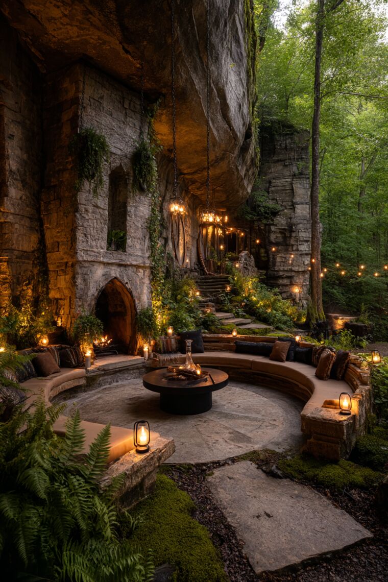 Curved cushioned bench and lantern-lit fire table sheltered beneath a dramatic forest rock overhang