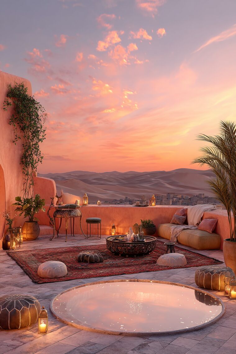Moroccan rooftop terrace with round reflecting pool, leather poufs and lanterns overlooking desert dunes