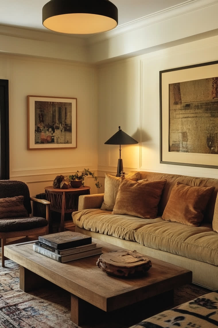 Mustard corduroy sofa against wainscoted walls, black cone lamp lit beside a framed art print