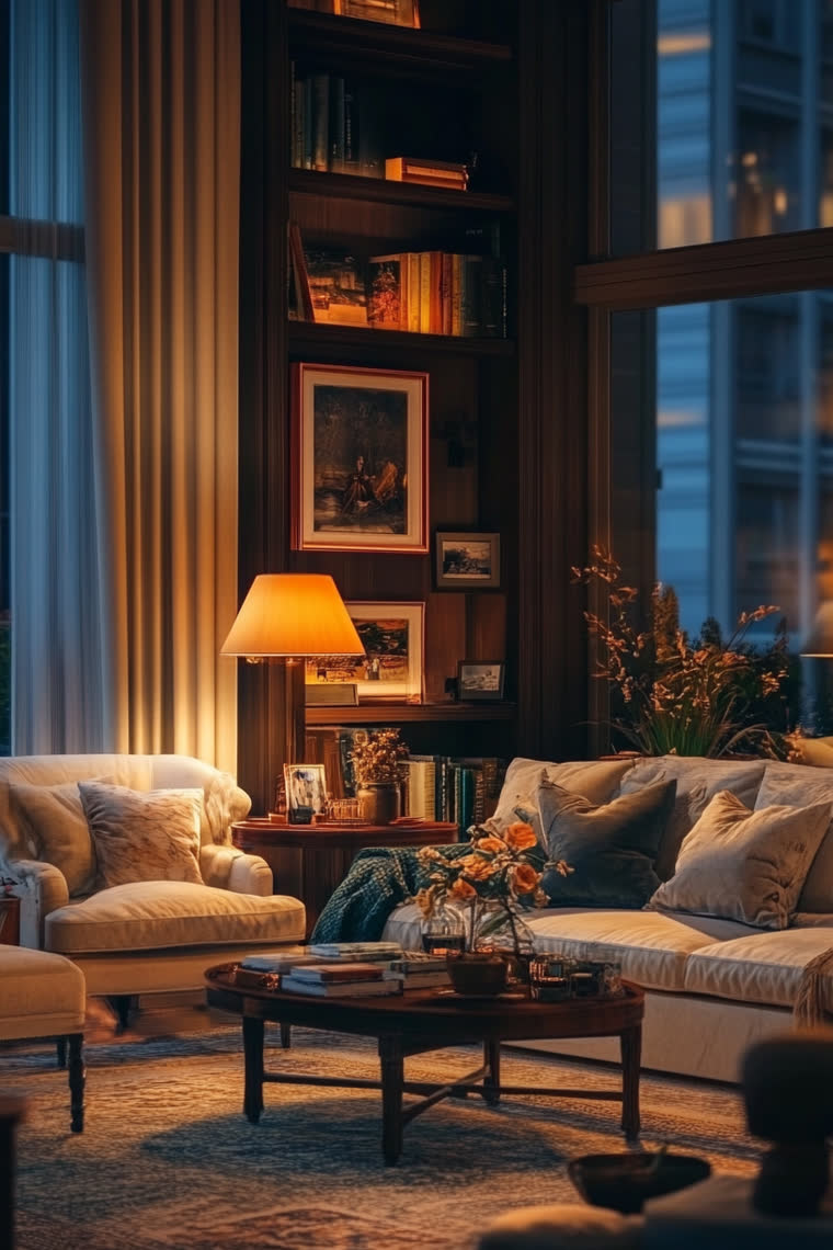 Cream armchair beside built-in bookshelves, lamp glow and cut flowers on a round table, city windows behind