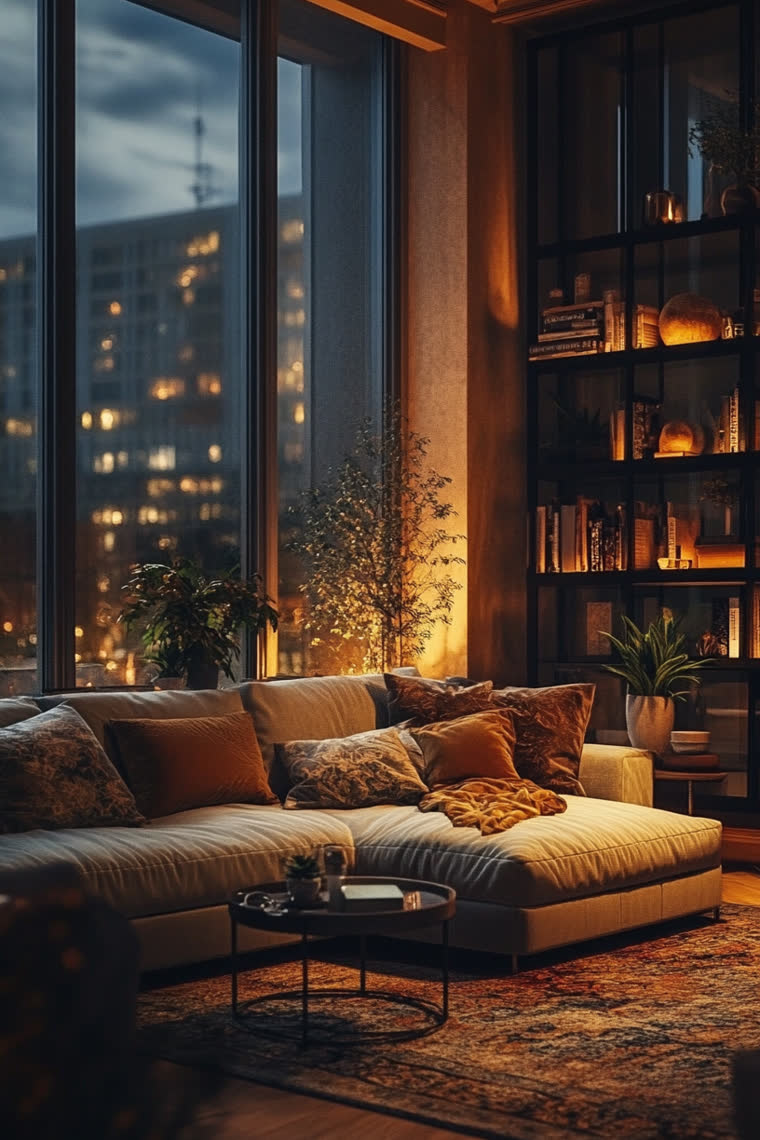 Sectional sofa in patterned pillows facing dark shelving lit from within, city skyline glowing past floor-to-ceiling windows