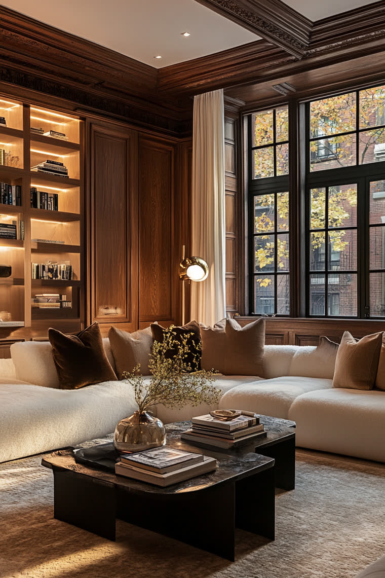 Cream boucle sectional under dark wood paneling, autumn trees visible through tall black-framed windows