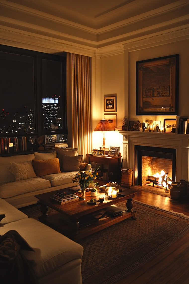 Lit fireplace beneath a framed landscape print, cream sofa facing the city skyline through dark windows