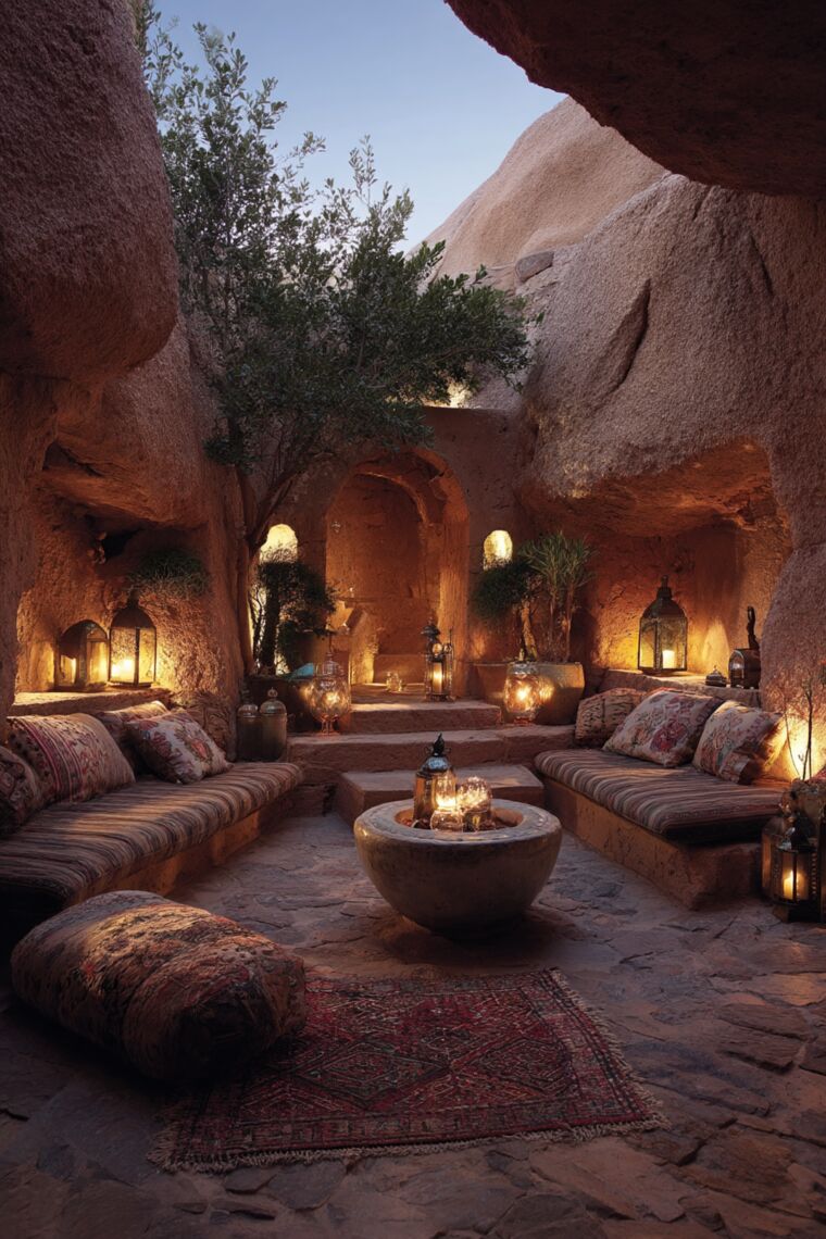 Cave courtyard lounge with striped daybeds, kilim cushions and brass lanterns glowing at twilight