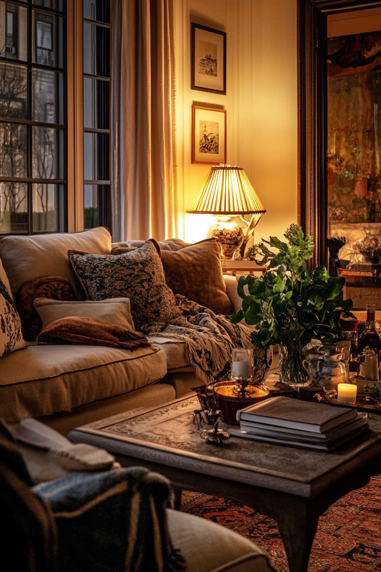 Greenery in a glass vase on a dark tray table, gilt mirror reflecting a lamp-lit corner by the window