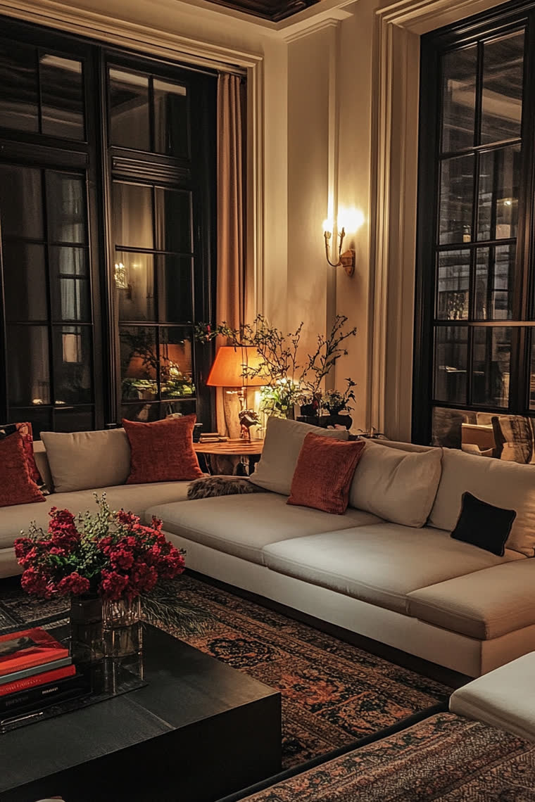 Taupe sectional with rust pillows under a coffered wood ceiling, red roses on a black coffee table