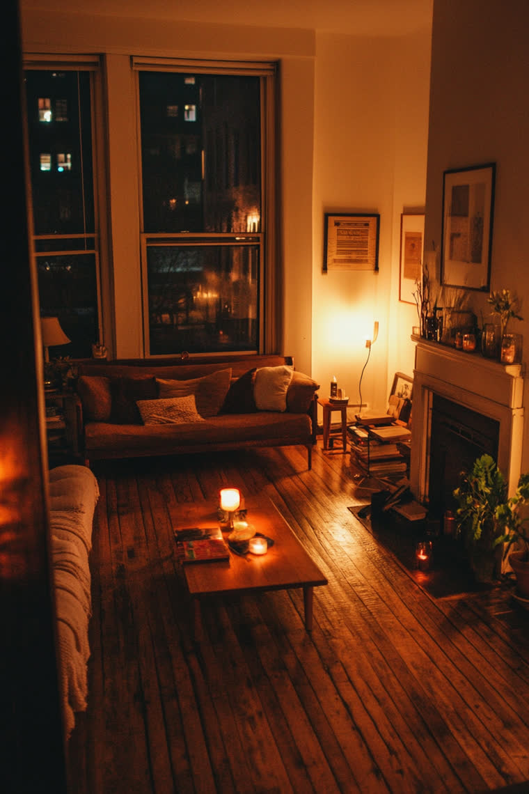 Candles on a low wood table, brown corduroy sofa on wide plank floors, city window glowing behind