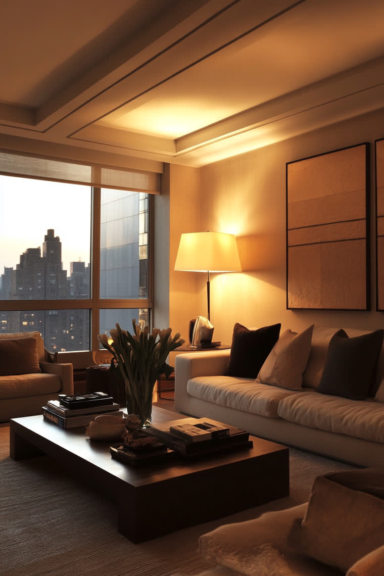 Cream sofa with black pillows below abstract art panels, tulips on a dark wood coffee table at dusk