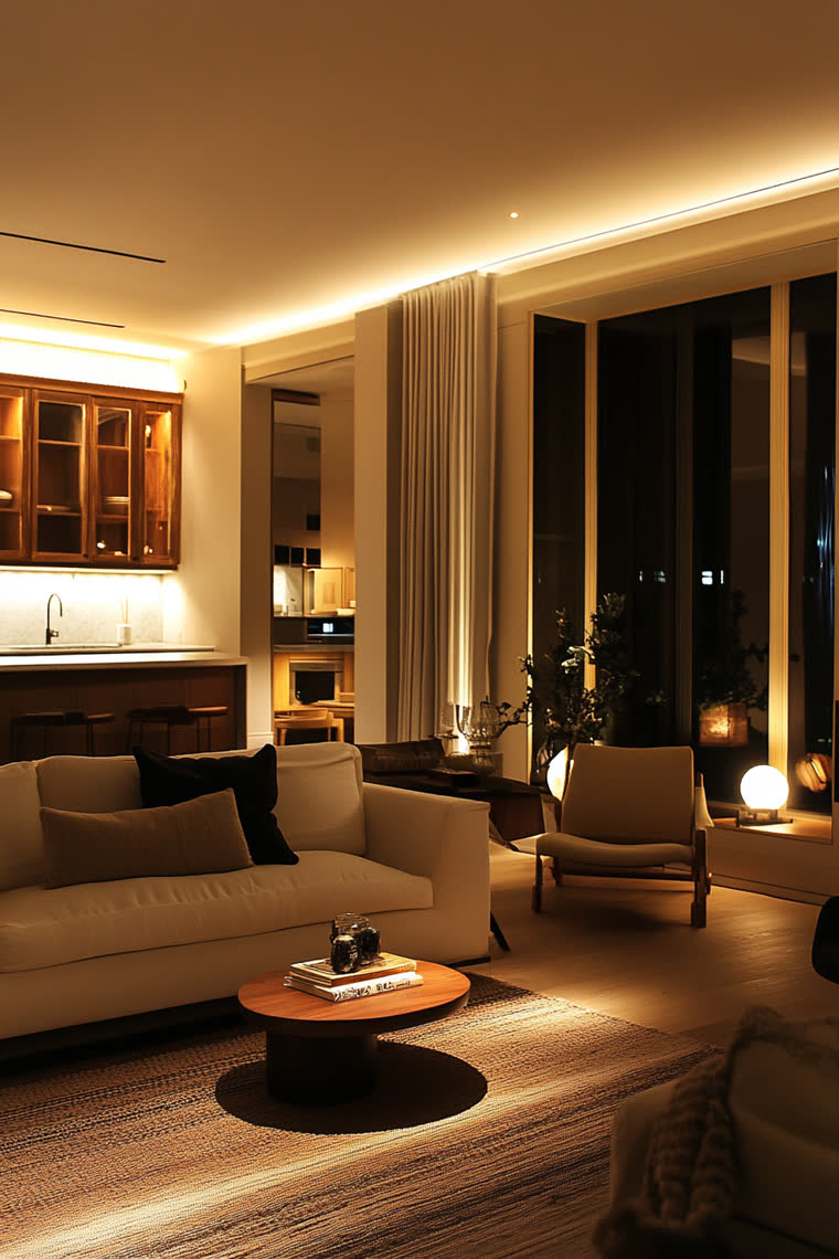 Boucle armchair by floor-to-ceiling glass, open kitchen glowing behind under a cove-lit ceiling