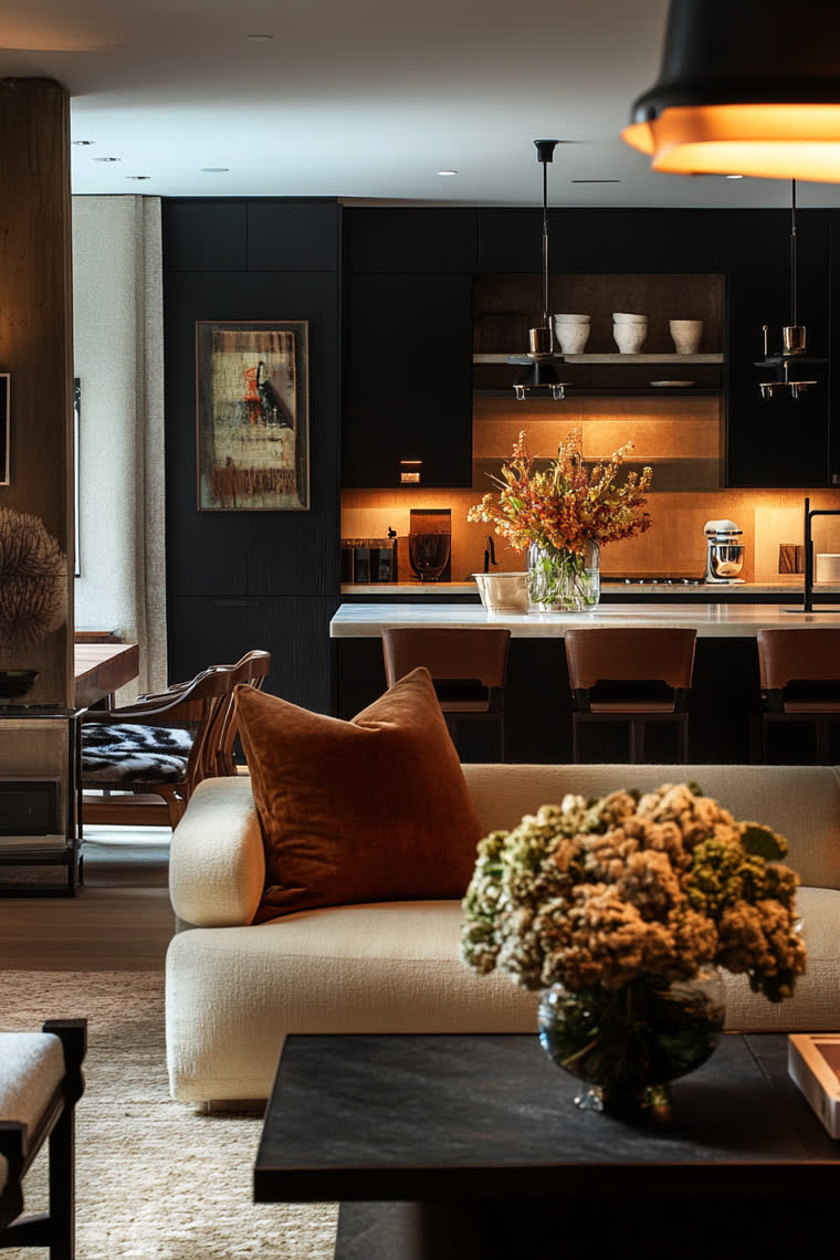 Cream sofa with a rust velvet pillow, hydrangeas on a black coffee table, navy kitchen cabinetry lit behind
