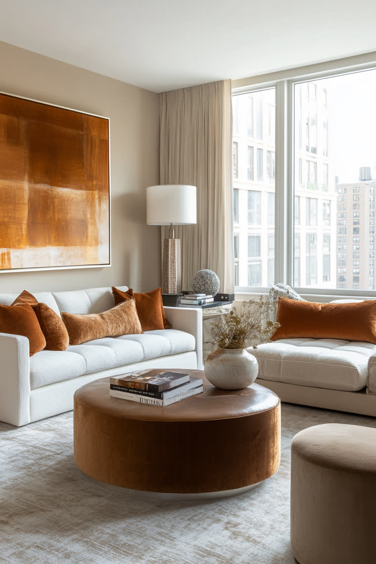 White boucle sofas with rust velvet pillows facing a round leather ottoman, daylight city view and a large abstract painting
