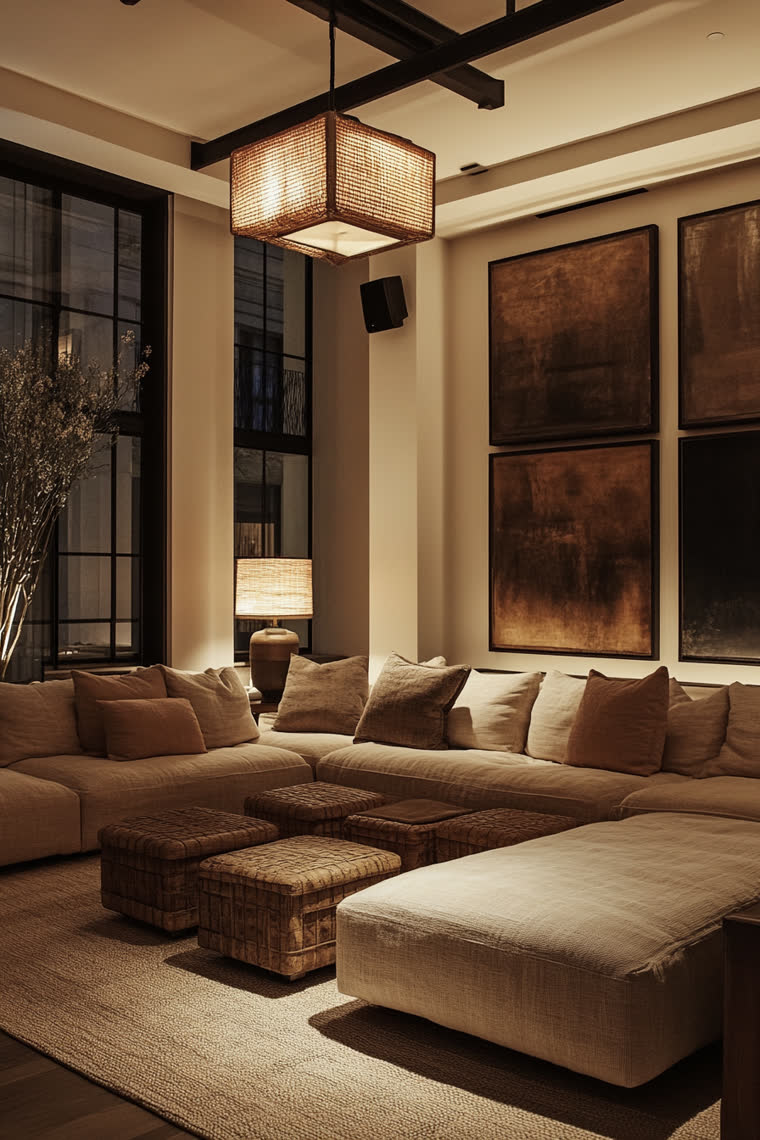 Oatmeal linen sectional with woven ottomans under exposed steel beams, large rust-toned abstract paintings on the wall