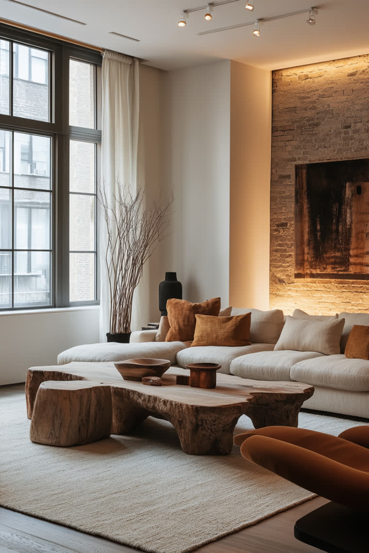 Live-edge wood coffee table before an oatmeal sectional with rust pillows, exposed brick wall lit gold behind