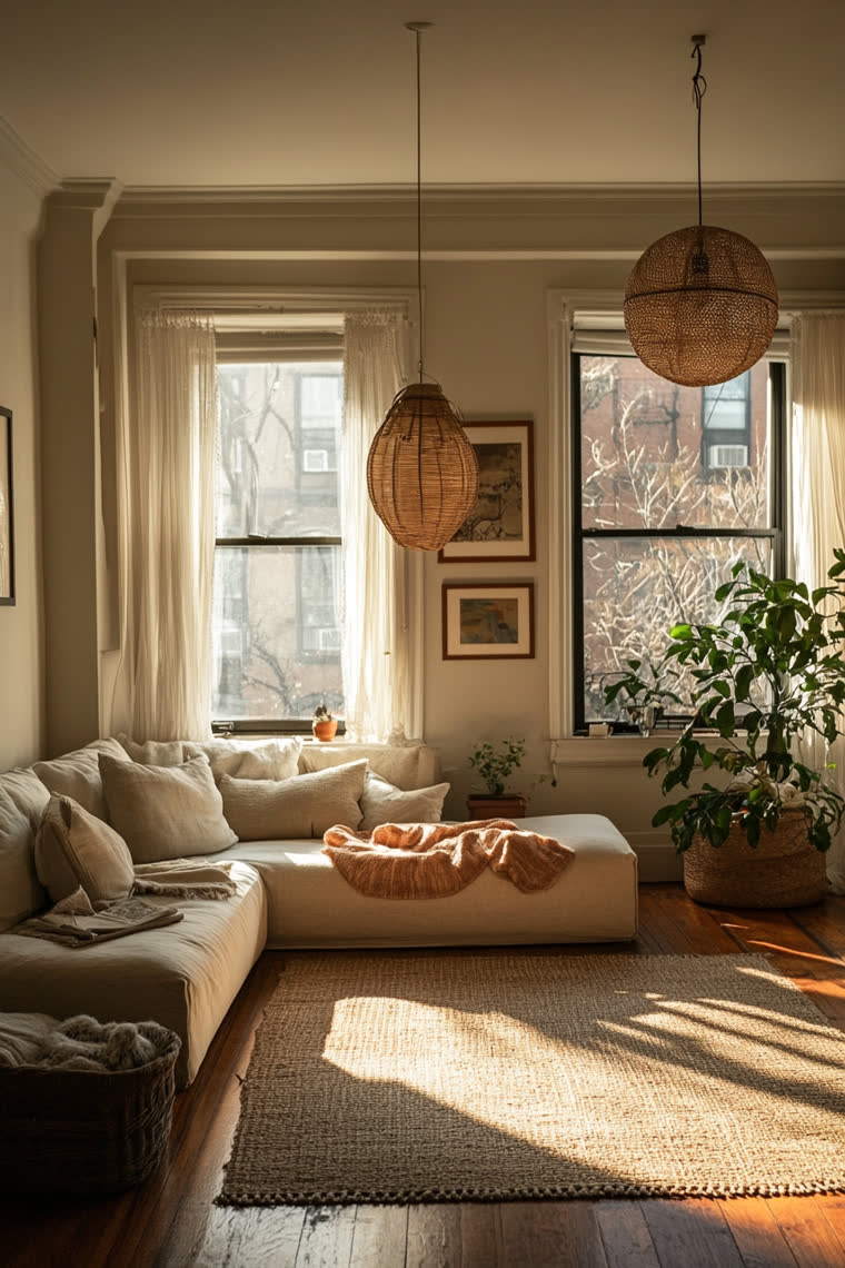 Sunlight cutting across a jute rug and oatmeal sectional, two woven rattan pendant lamps hanging from the ceiling