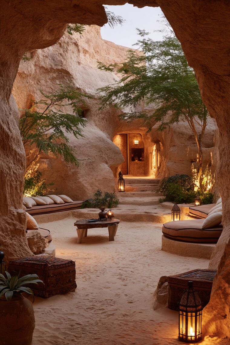 Sandy desert cave courtyard with cushioned stone benches, carved doorway and Moroccan lanterns at dusk