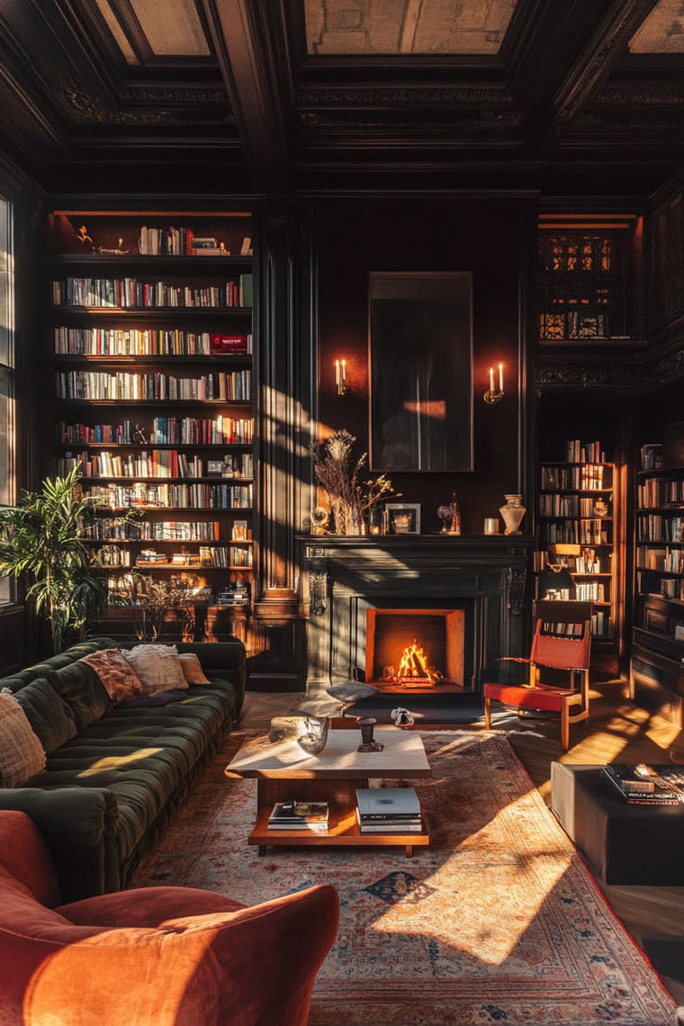 Dark green velvet sofa and rust armchair in a wood-paneled library, fireplace lit and a sunbeam crossing the rug