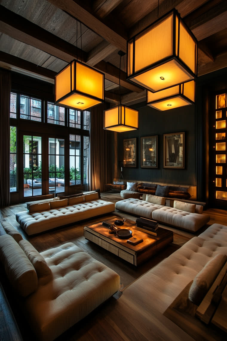 Low tufted sofas arranged in a square beneath a cluster of glowing cube lanterns and exposed wood beams