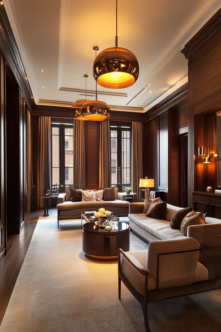 Taupe sofas along dark wood paneling, amber glass globe pendants hanging above a round wood coffee table