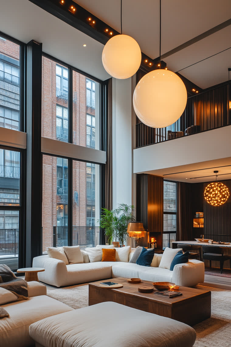 White sectional with mustard and navy pillows below giant globe pendant lights, brick buildings framed by floor-to-ceiling windows