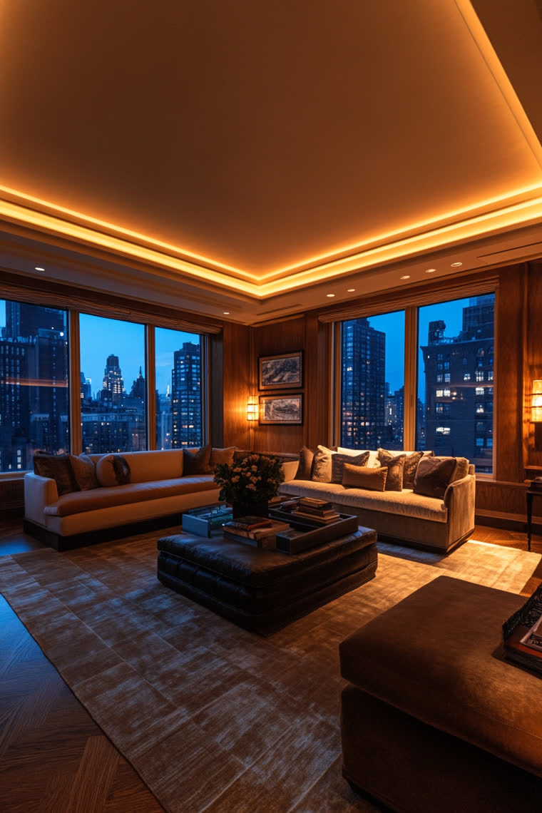 Camel leather sofas around a dark ottoman, twilight skyline wrapping two walls of floor-to-ceiling windows