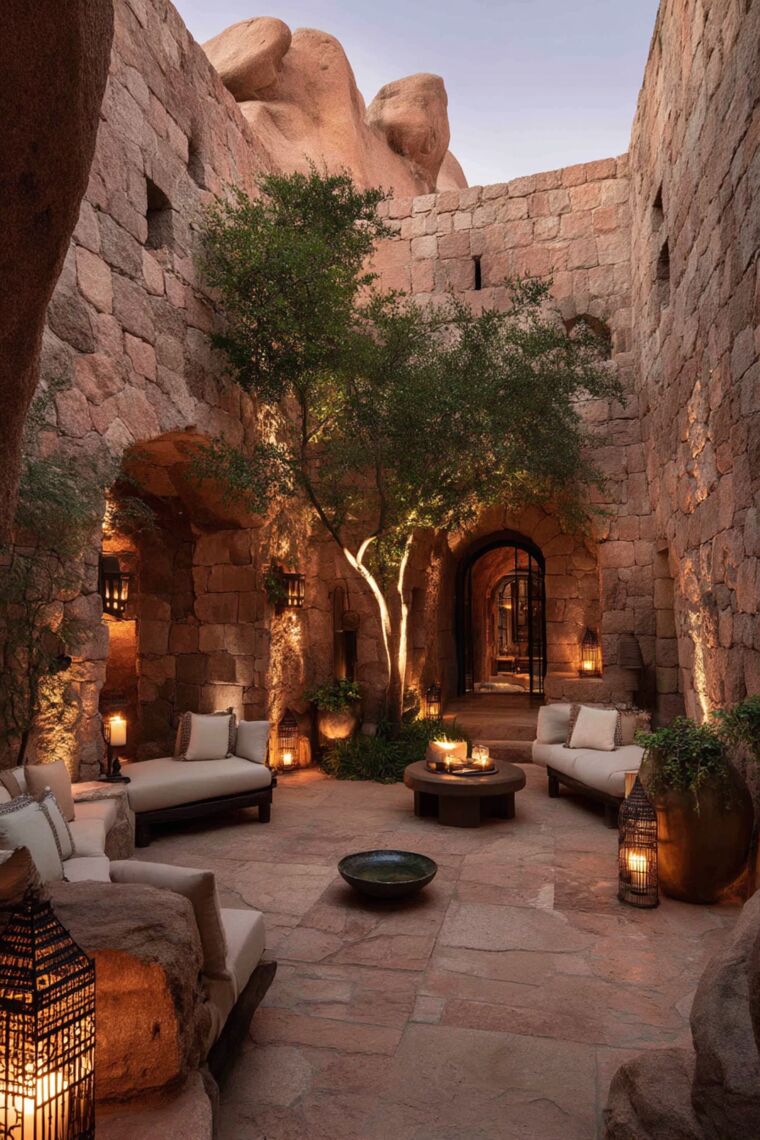 Stone-walled desert courtyard with sculptural tree, white lounge seating and flickering lanterns at dusk