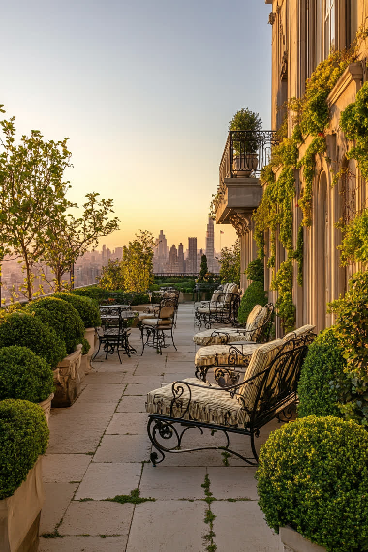 Stone terrace walkway lined with clipped boxwood topiaries and wrought iron lounge chairs at golden hour, city skyline in the distance