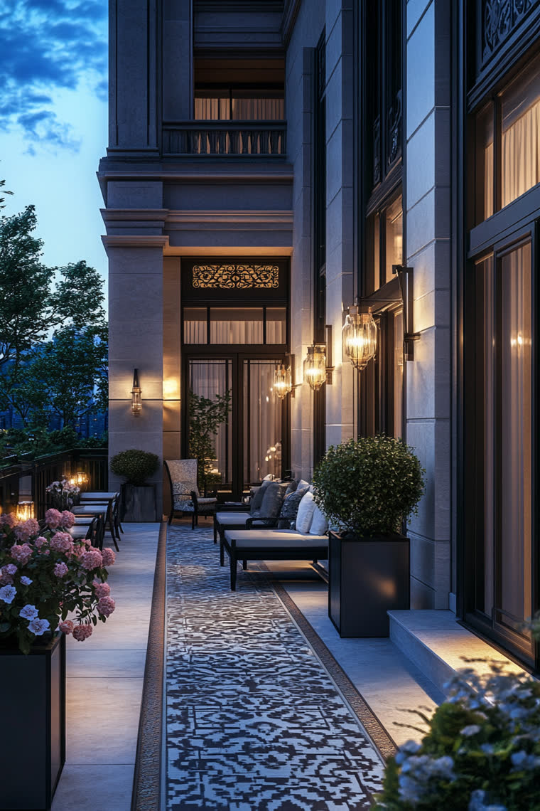 Narrow stone balcony with black cushioned lounge chairs, a patterned runner rug, and pink hydrangeas against a lantern-lit limestone facade at dusk