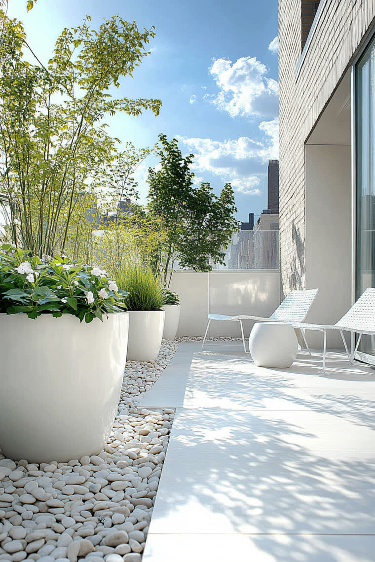 Bright white rooftop patio with woven lounge chairs, a round side table, and tall white planters filled with grasses and white pebbles