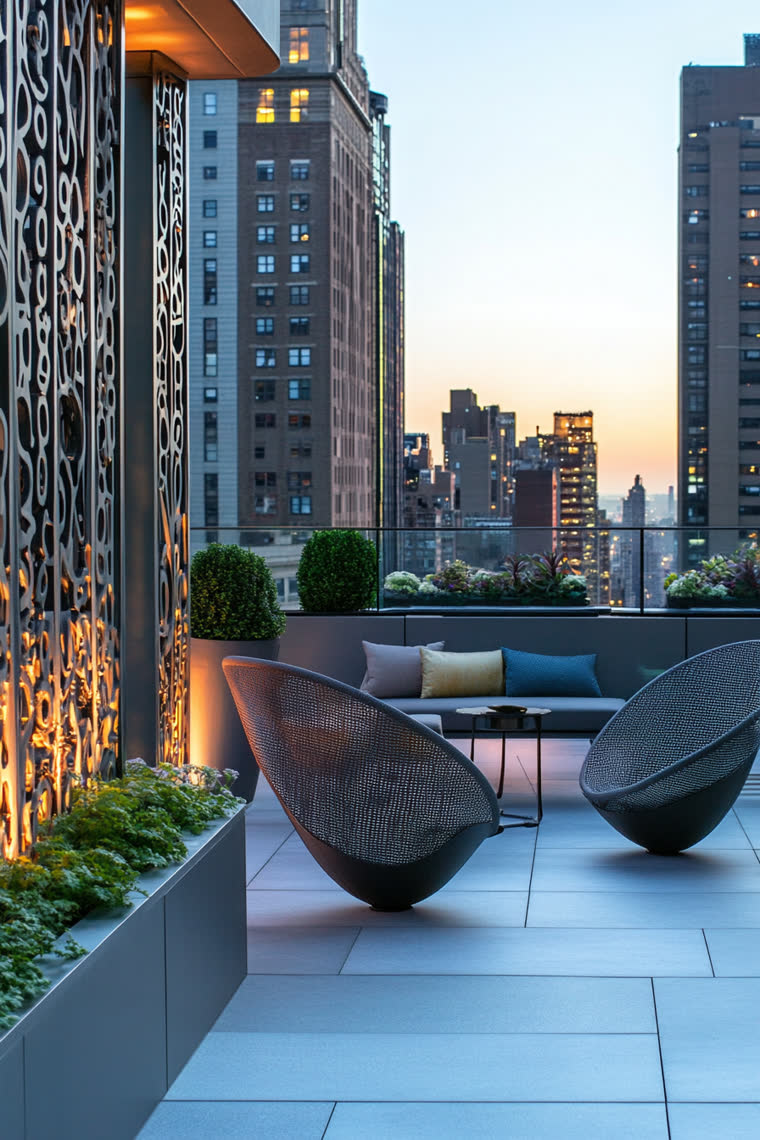 Rooftop patio with a carved metal privacy screen lit from below, two woven cocoon chairs, and a gray sofa facing the city skyline at dusk