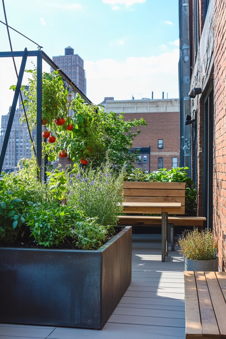 Rooftop kitchen garden with a tomato trellis heavy with fruit, herb planters, and a wood bench table against a brick wall