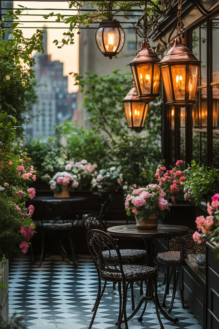 Narrow terrace with black and white checkerboard tile, hanging copper lanterns, and small round cafe tables surrounded by pink roses at dusk