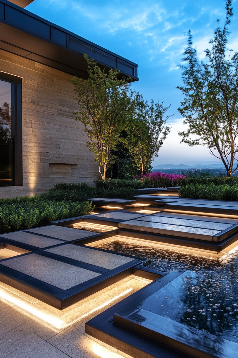 Modern stone facade at dusk with a stepping-stone path over a lit reflecting pool, boxwood hedges, and distant hills