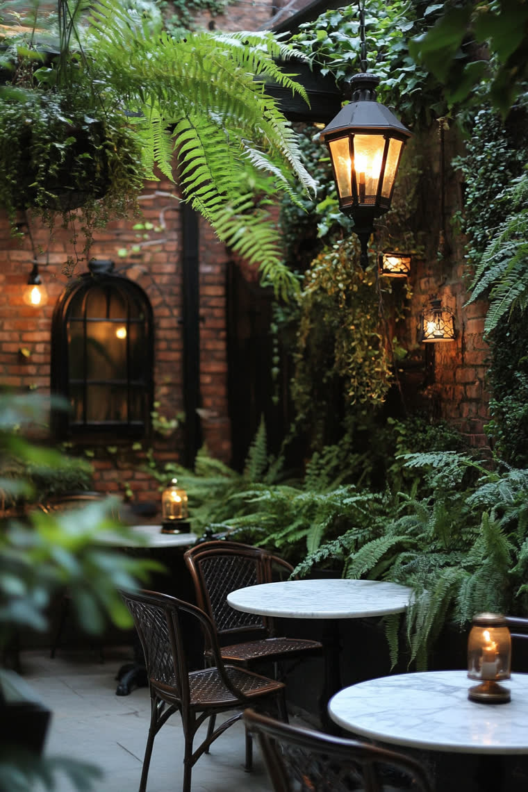 Fern-filled courtyard cafe with marble bistro tables, hanging lanterns, and a brick wall with an arched window