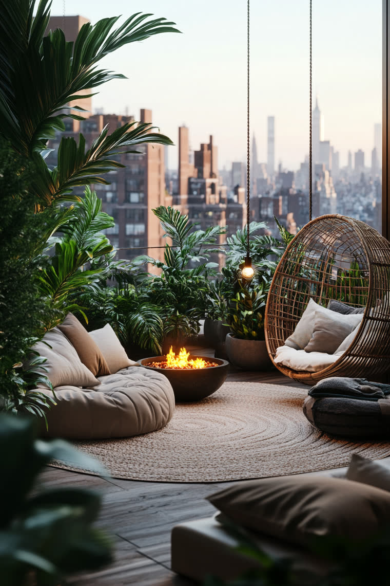 Rooftop lounge nook with a hanging rattan egg chair, a low fire bowl, floor cushions, and tropical plants framing the city skyline