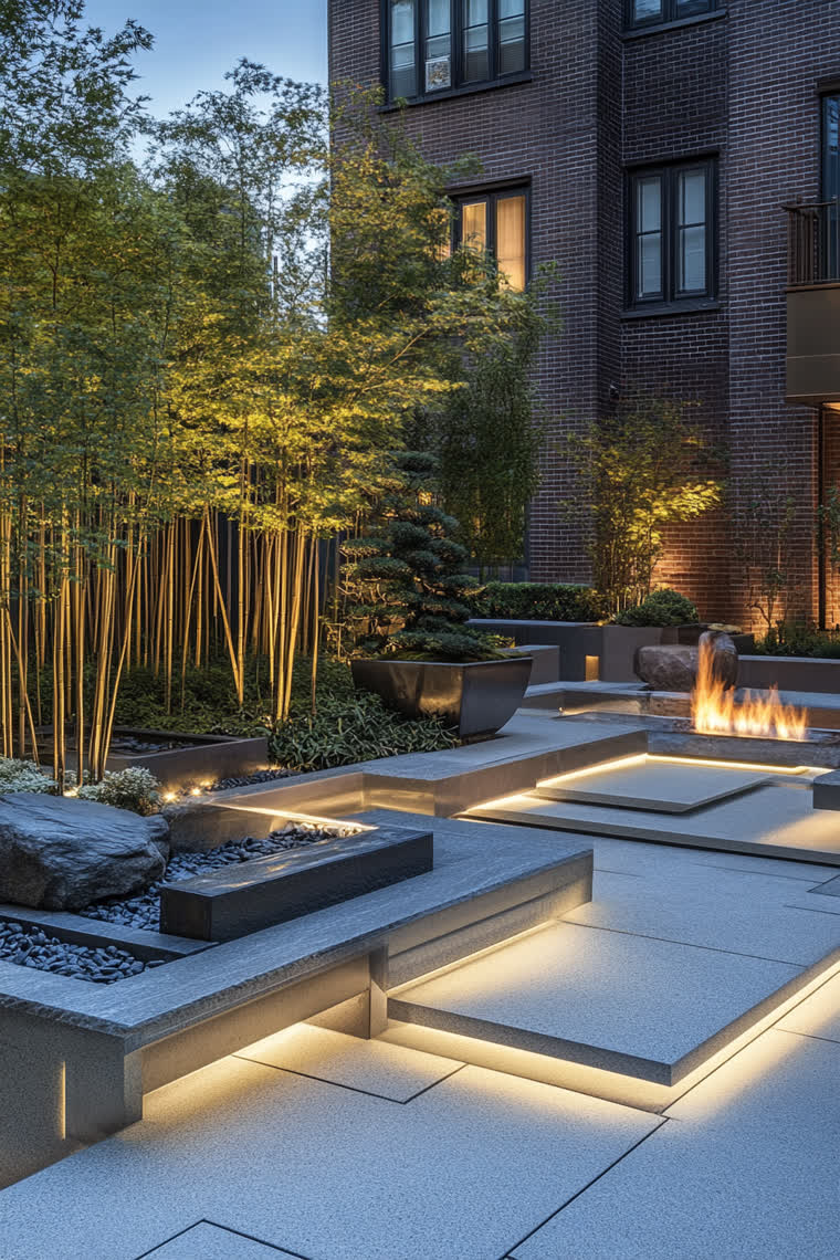 Modern rooftop garden with a bamboo grove lit from below, a stone fire feature, and a bonsai pine beside a brick building