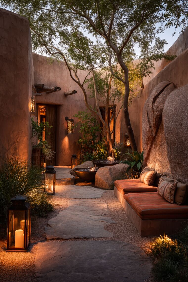 Adobe garden walkway lined with candle lanterns, striped built-in bench and desert boulders at twilight