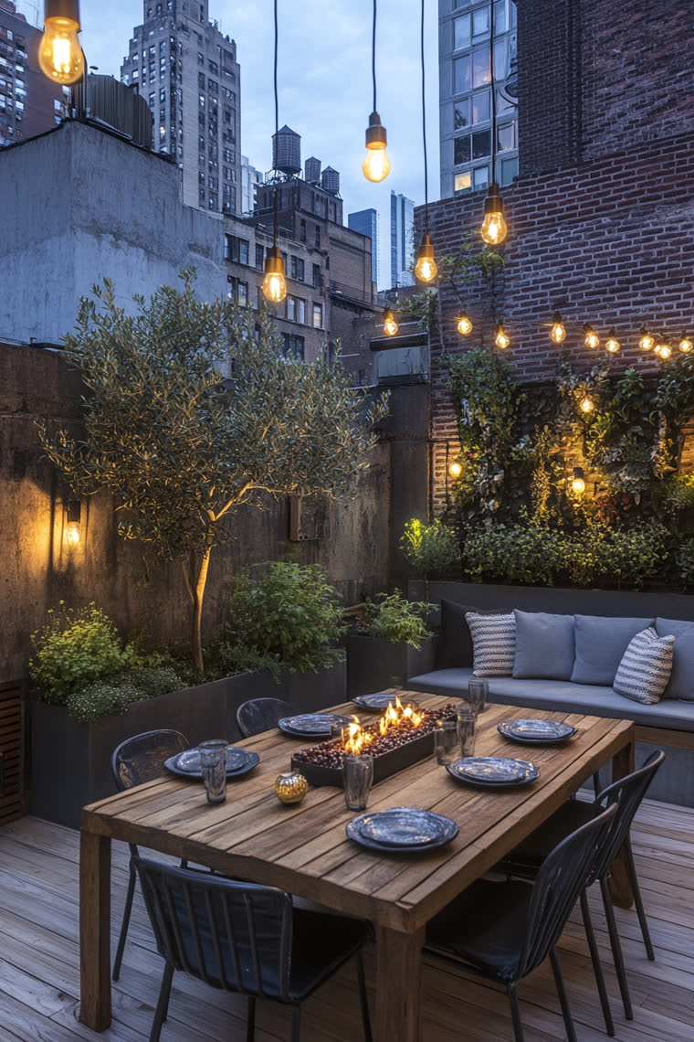 Industrial rooftop dining courtyard with an olive tree, a wood table set over a built-in fire trough, string lights, and a living wall of plants