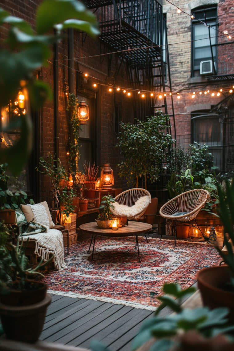 Boho brick courtyard with two rattan cocoon chairs, a round wood coffee table, layered patterned rugs, and string lights strung between fire escapes