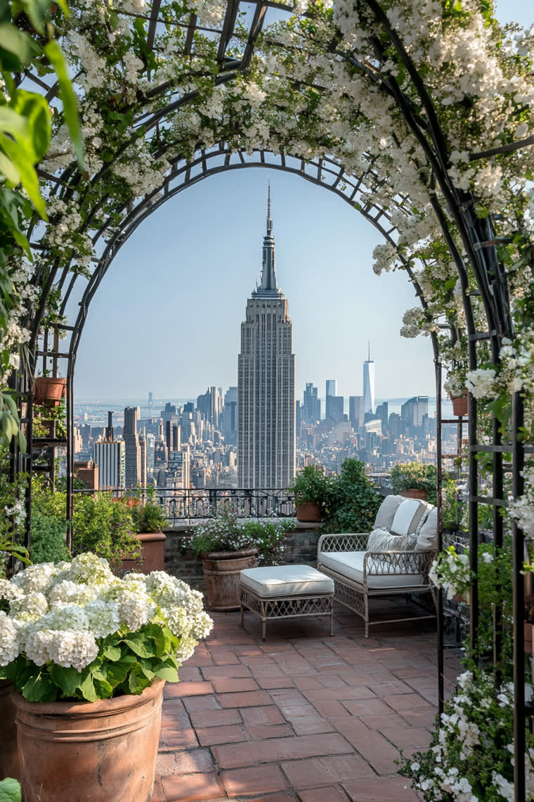 Iron garden arch dripping with white hydrangeas and roses framing the Empire State Building, with wicker seating on a terra cotta rooftop terrace