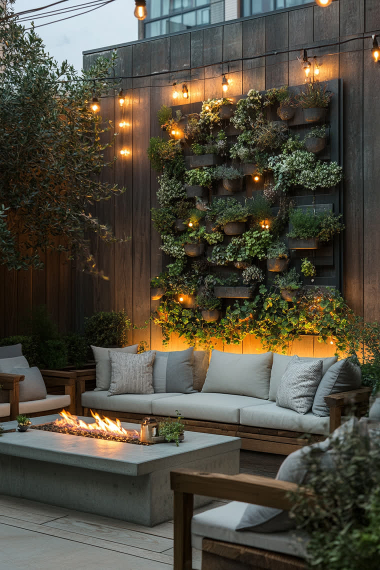 Rooftop lounge with a wood-paneled vertical garden wall lit by string lights, a gray sofa, and a linear concrete fire pit table