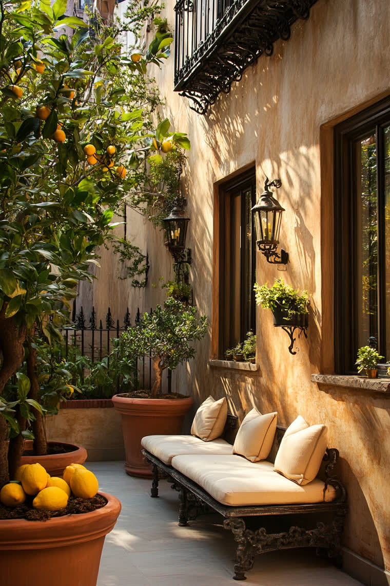 Sunlit stucco courtyard with potted lemon trees heavy with fruit, an iron bench with cream cushions, and wall lanterns