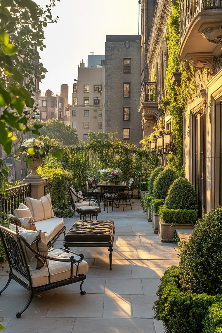 Classic stone terrace with a wrought iron sofa and dining set, clipped boxwood spirals, and an ivy-covered facade at golden hour