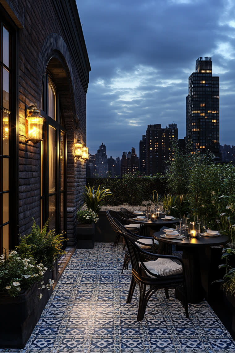 Patterned blue and white tile terrace with small round dining tables set for dinner, wall lanterns, and a night skyline beyond a hedge
