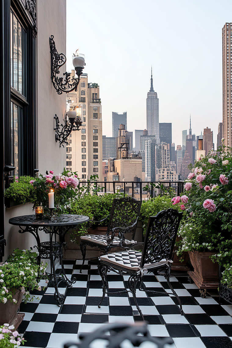Small balcony with black and white checkerboard tile, a wrought iron bistro table and chairs, and climbing pink roses framing a view of the Empire State Building