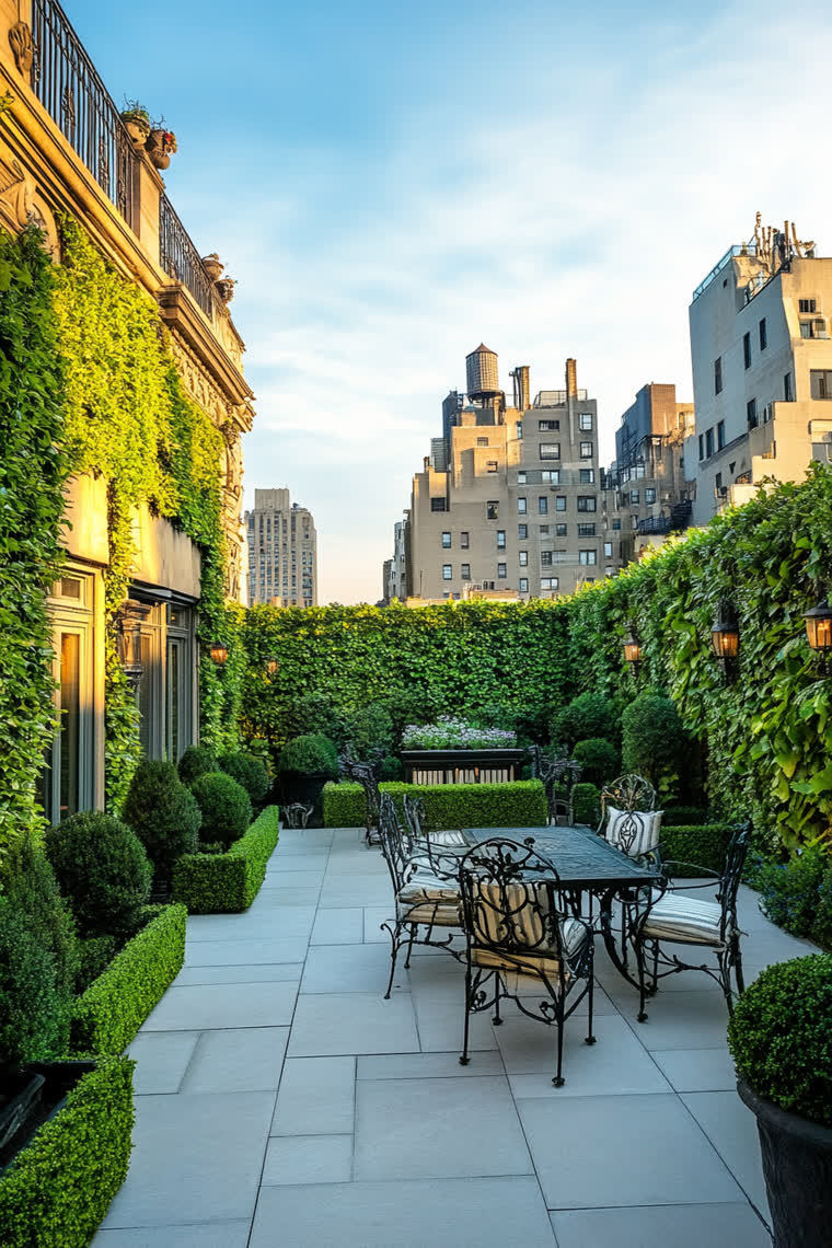 Formal courtyard enclosed by clipped hedge walls, a wrought iron dining table and chairs, and boxwood spirals on stone pavers at dusk