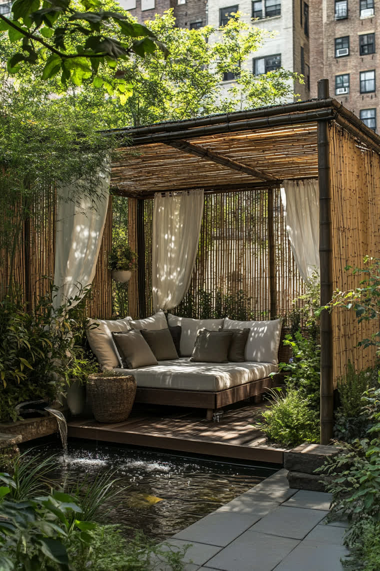 Bamboo cabana with a cushioned daybed and sheer curtains beside a small koi pond and waterfall, surrounded by bamboo and ferns